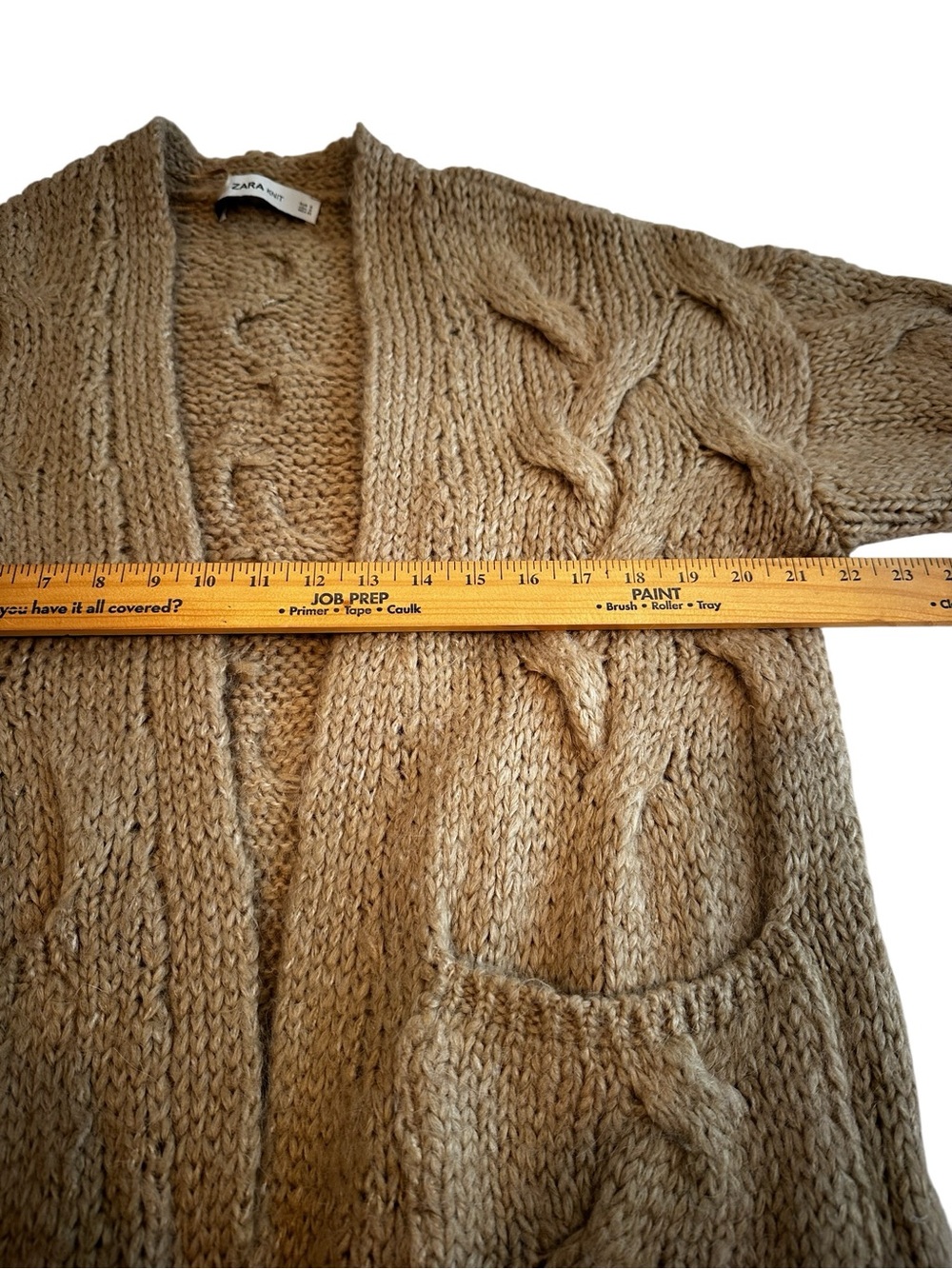 Zara Long Taupe Tan Cable Knit Open Long Line Cardigan with Pockets - Picture 10 of 15